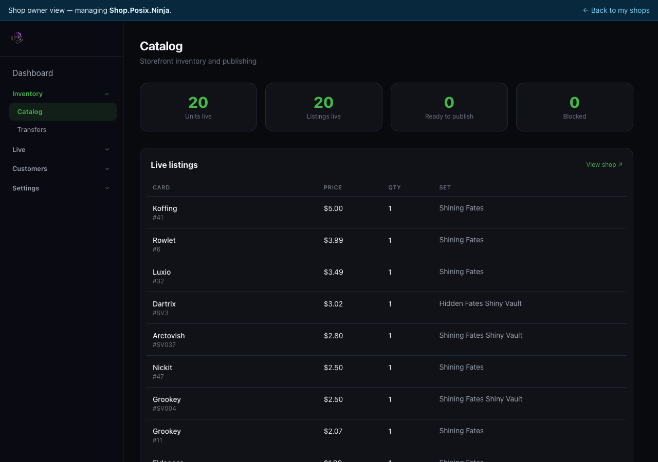 Shop admin catalog screen showing live inventory counts and listings