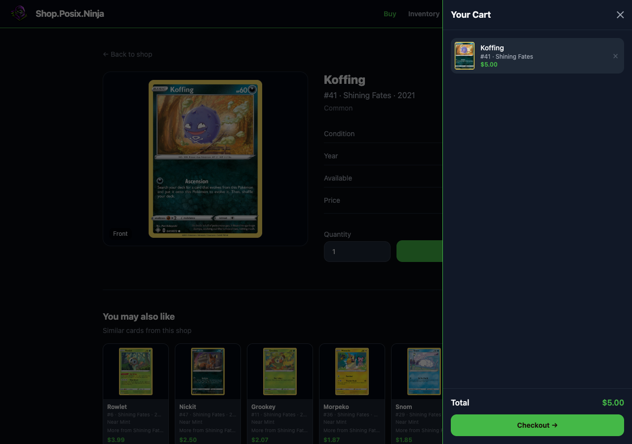 Shop cart drawer with a card added and checkout total visible